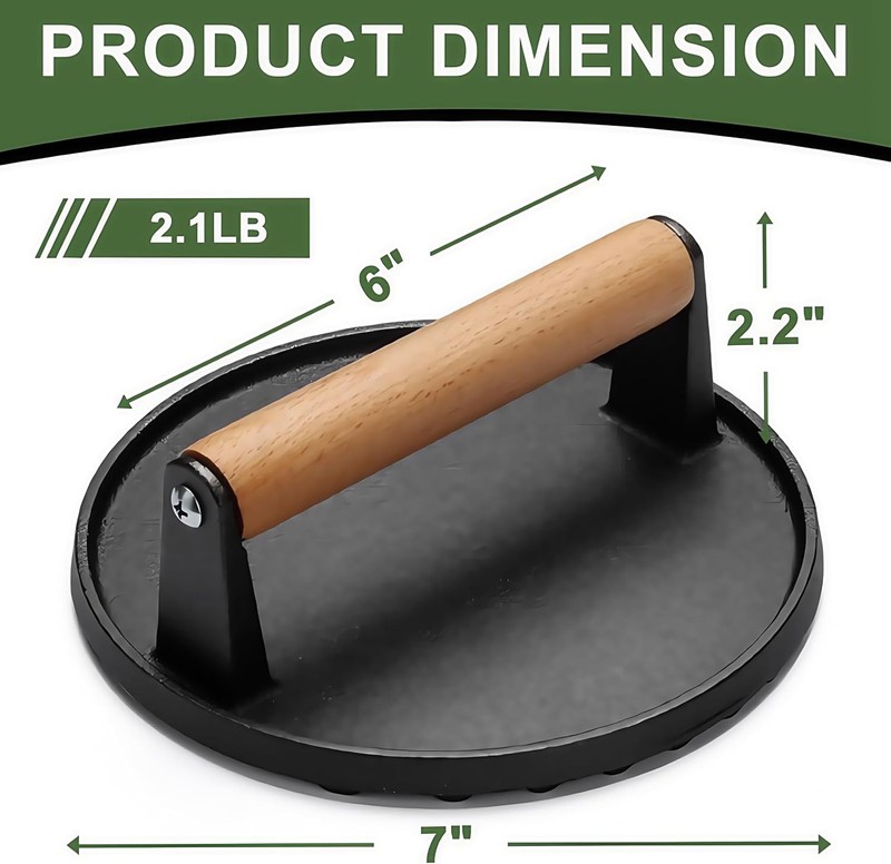 Cast Iron Grill Press 2LB 7" Round Meat Weight Smash Burger Bacon Press gallery