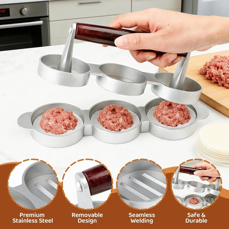 Mini Burger Press 3 Slots Slider Sausage Patty Press W/ 100 Patty Papers Heavy gallery