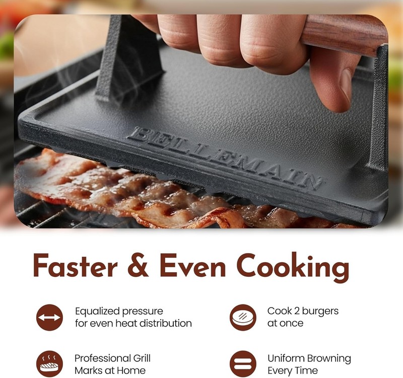 Heavy-Duty Cast Iron Grill Press for Perfectly Seared Bacon & Steak, 2.6 lbs gallery