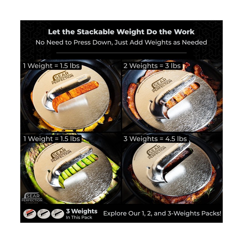 3x Sear Perfection Stackable Steak Weight (4.5lb Total). Chef-Grade Stainless... gallery