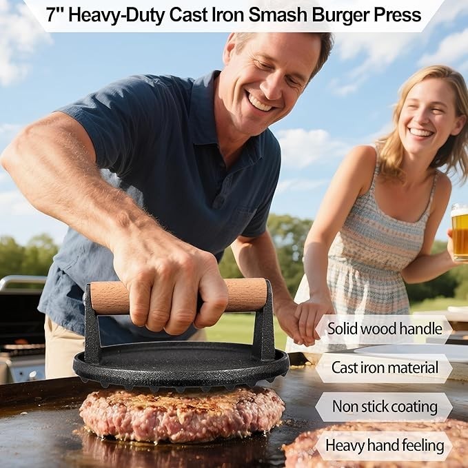 7"Cast Iron Smash Burger Press Hamburger Patty Maker Stainless Steel Spatula gallery