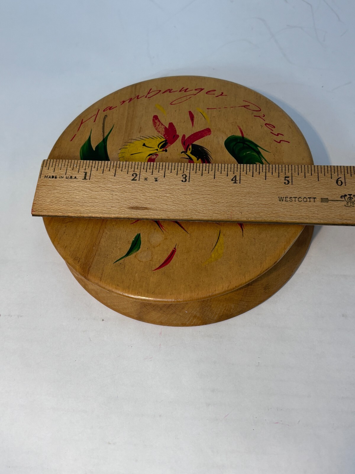 Vintage MCM Wooden Hamburger Press Roosters Fighting Hand Painted Unbranded 5.5" gallery