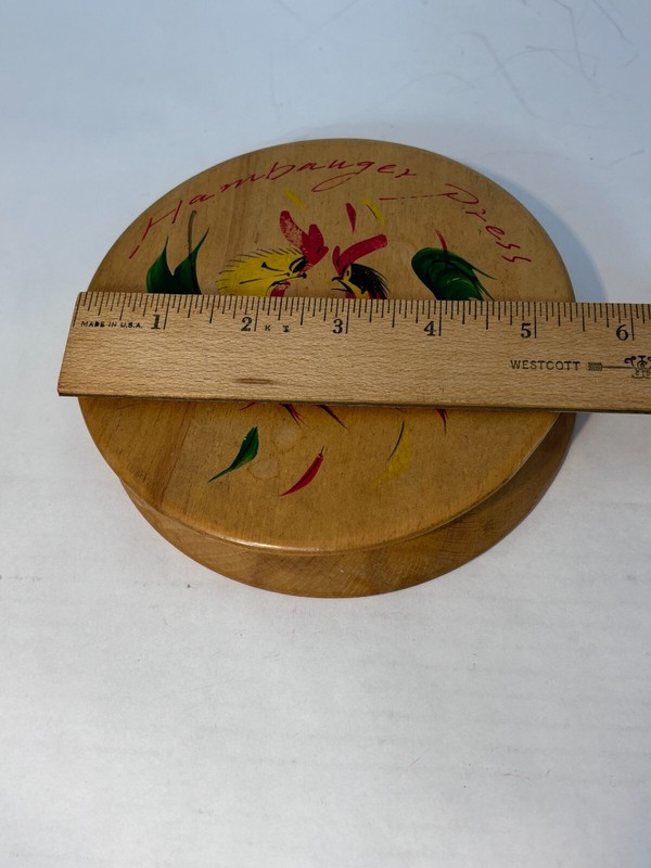 Vintage MCM Wooden Hamburger Press Roosters Fighting Hand Painted Unbranded 5.5" gallery