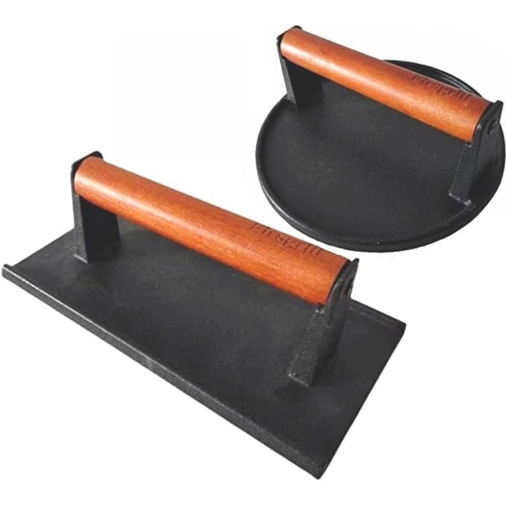 Cast Iron Burger Press, Round and Rectangle Grill Press with Wood Handle gallery