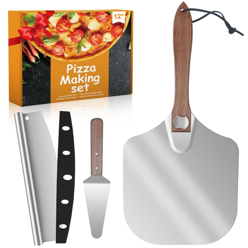Aluminum Pizza Peel 12x14" With Foldable Wooden Handle - Metal Paddle, Rocker...
