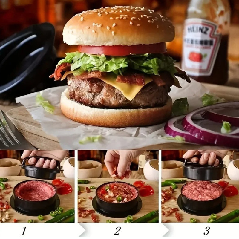3 In 1 Non Stick Stuffed Burger Press Humburger Patty Molds Maker Sliders BBQ US gallery