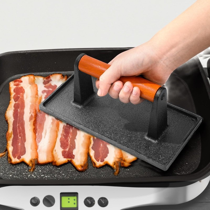 Cast Iron Bacon Press for Griddle - Heavy Duty Smash Burger Grill with Ergonomi. gallery