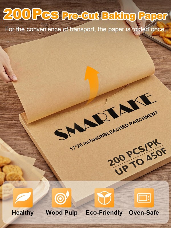 SMARTAKE 200 Pcs Parchment Paper Baking Sheets, 17x26 17" x 26", Unbleached gallery