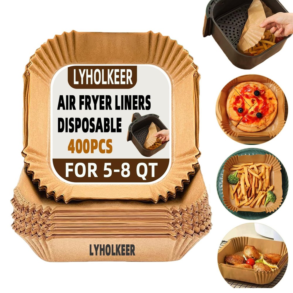 Air Fryer Liners Disposable, 400Pcs LYHOLKEER 400PCS 8in Square, Brown