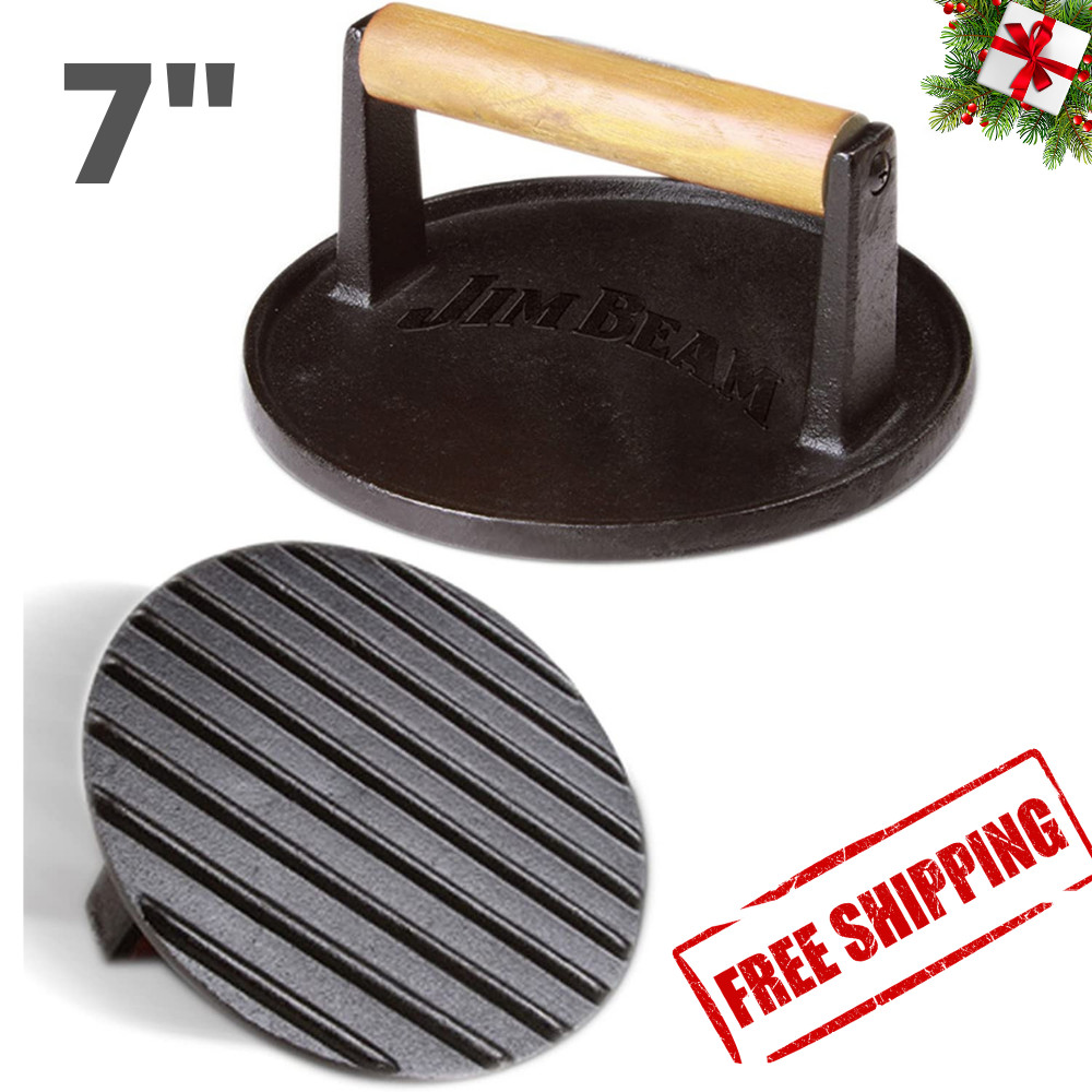 7'' Heavy Duty Burger Press Black Cast Iron with Solid Wood Handle Camping gallery