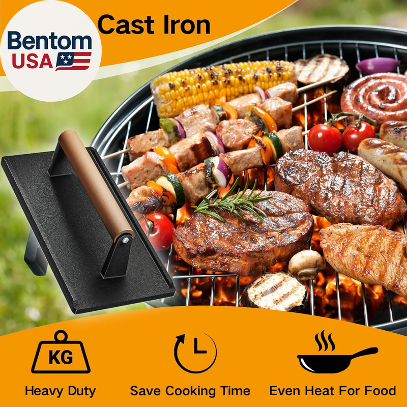 Cast Iron Grill Press-2Pcs, Heavy Duty Bacon/Burger/Griddle/Chef Press with Wood gallery