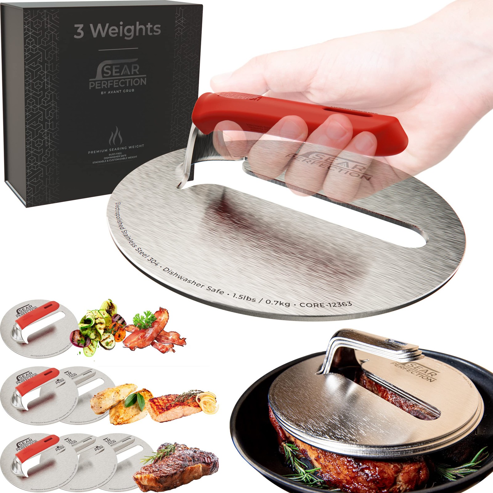 3x Sear Perfection Stackable Steak Weight (4.5lb Total). Chef-Grade Stainless gallery