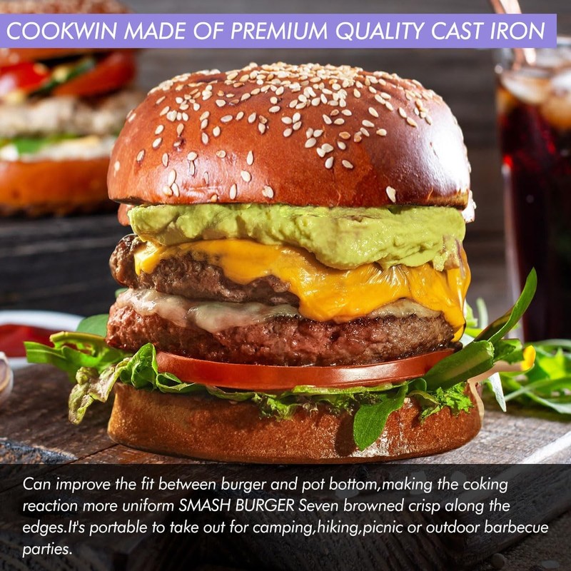 COOKWIN 7" Cast Iron Smash Burger Press Kit, Heavy-Duty 7 inch Black gallery
