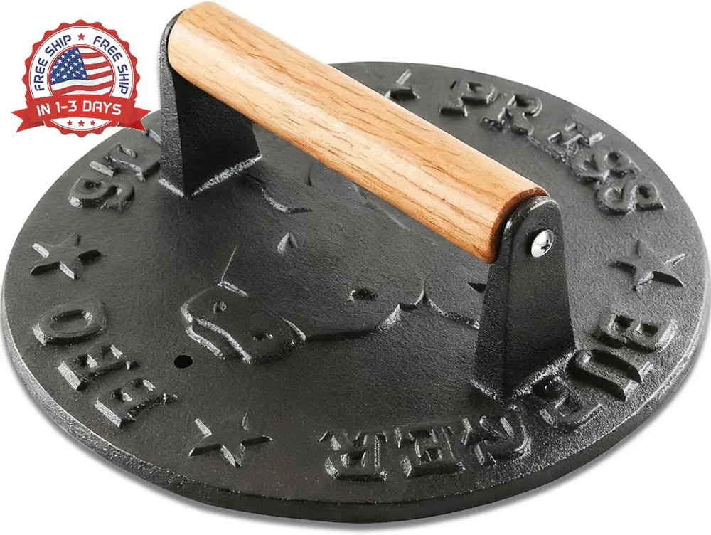 Cast Iron Burger Press 4.1lb Heavy-Duty Round 8.7 Inch with Beechwood Handle for