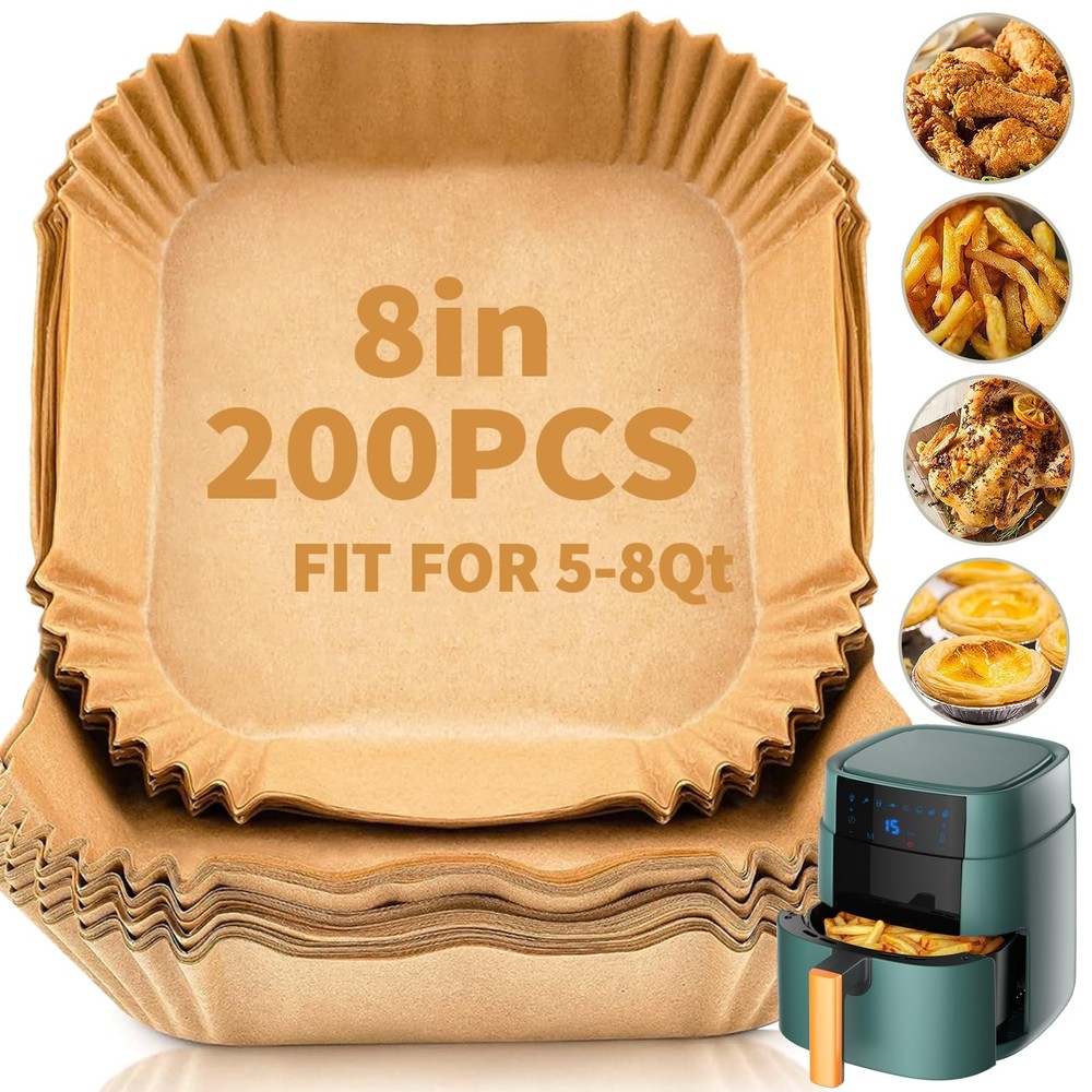 DSMY 200 PCS Air Fryer Disposable Paper Liners,8 Inch 8in-200 Square, Nature