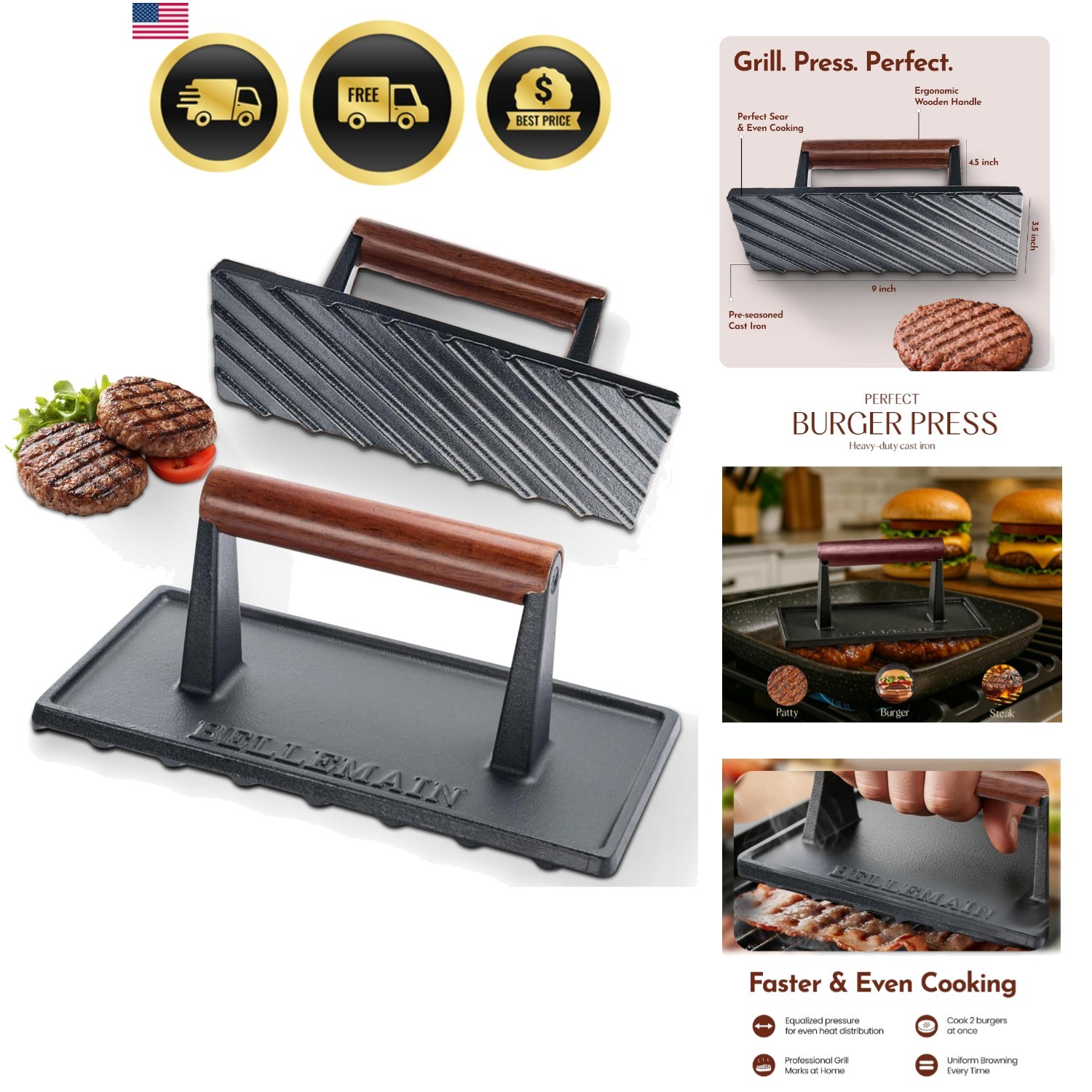 Bacon Press Rectangle | Heavy-Duty Cast Iron Grill Press for Perfectly Seared... gallery