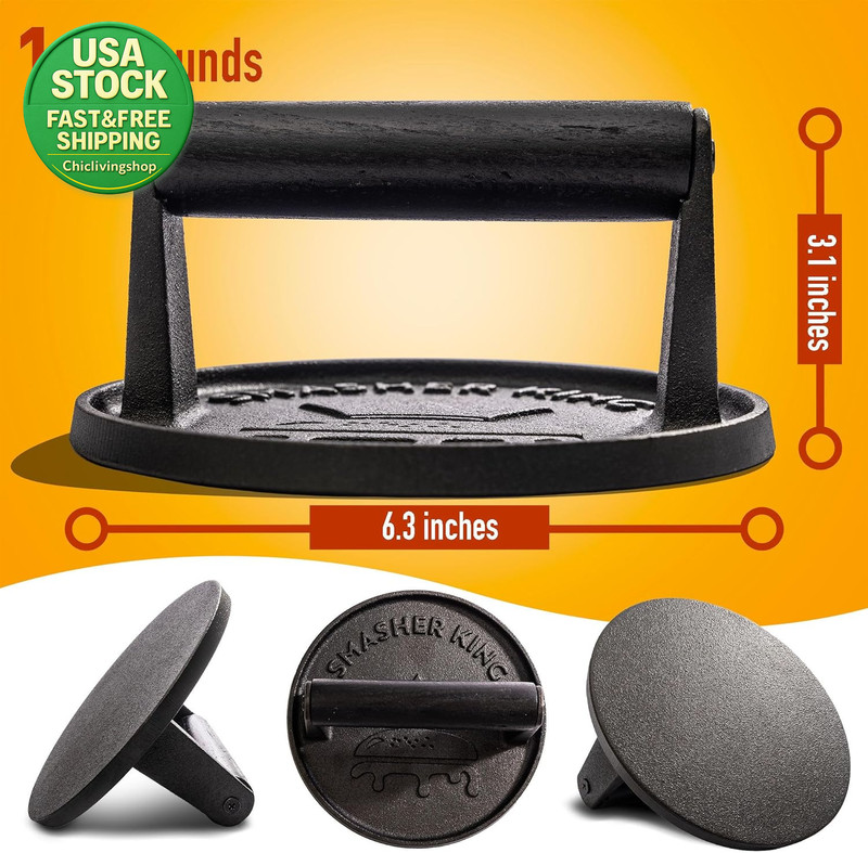 Cast Iron Burger Press with 25 Patty Papers and Black Wood Handle gallery