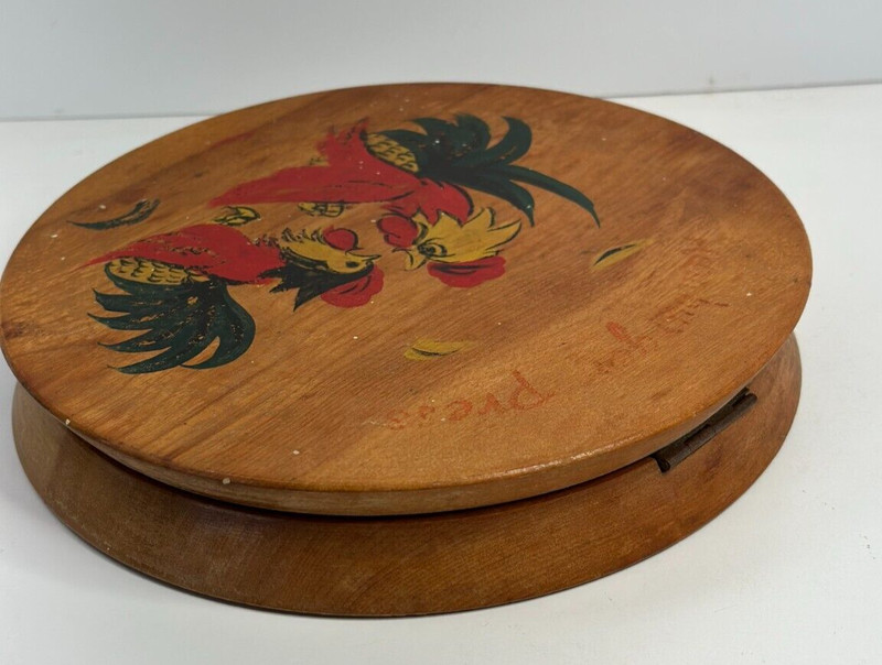 Vintage Japanese BURGER PRESS Hand Painted Hinged Wooden Red Green Roosters gallery