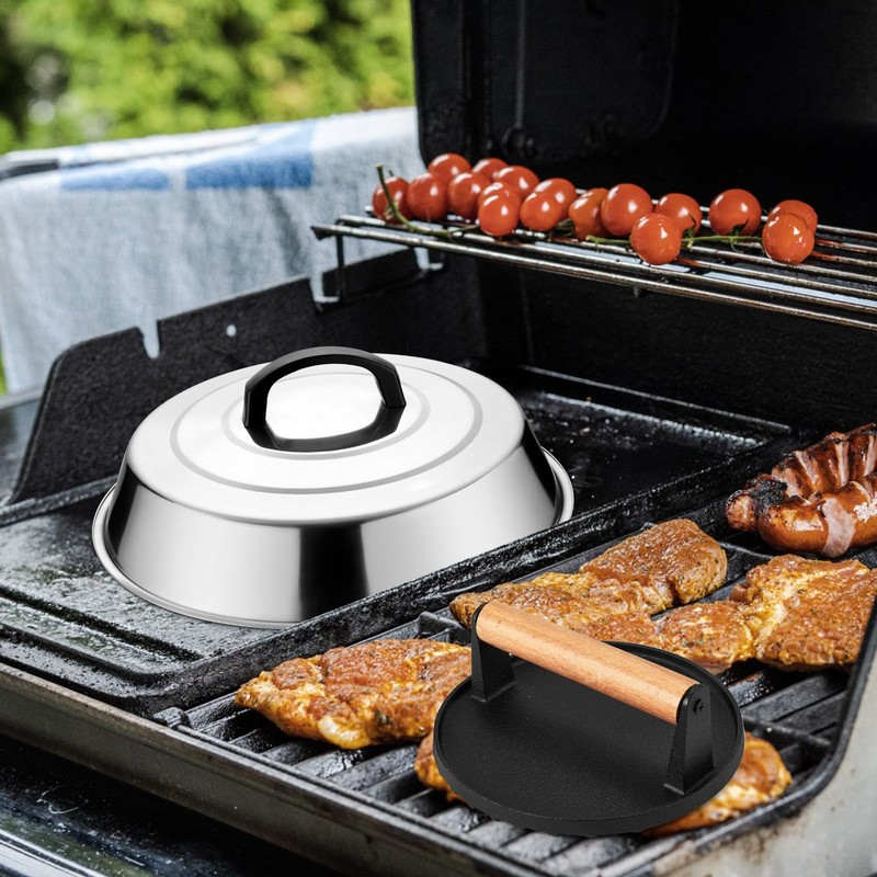 Smash Burger Kit, 12" Basting Cover for Griddle, Round Cast Iron Bacon Press ... gallery