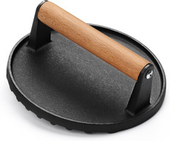 Heavy-Duty 7″ Round Cast Iron Smash Bacon Burger Press Wood Handle Grilling