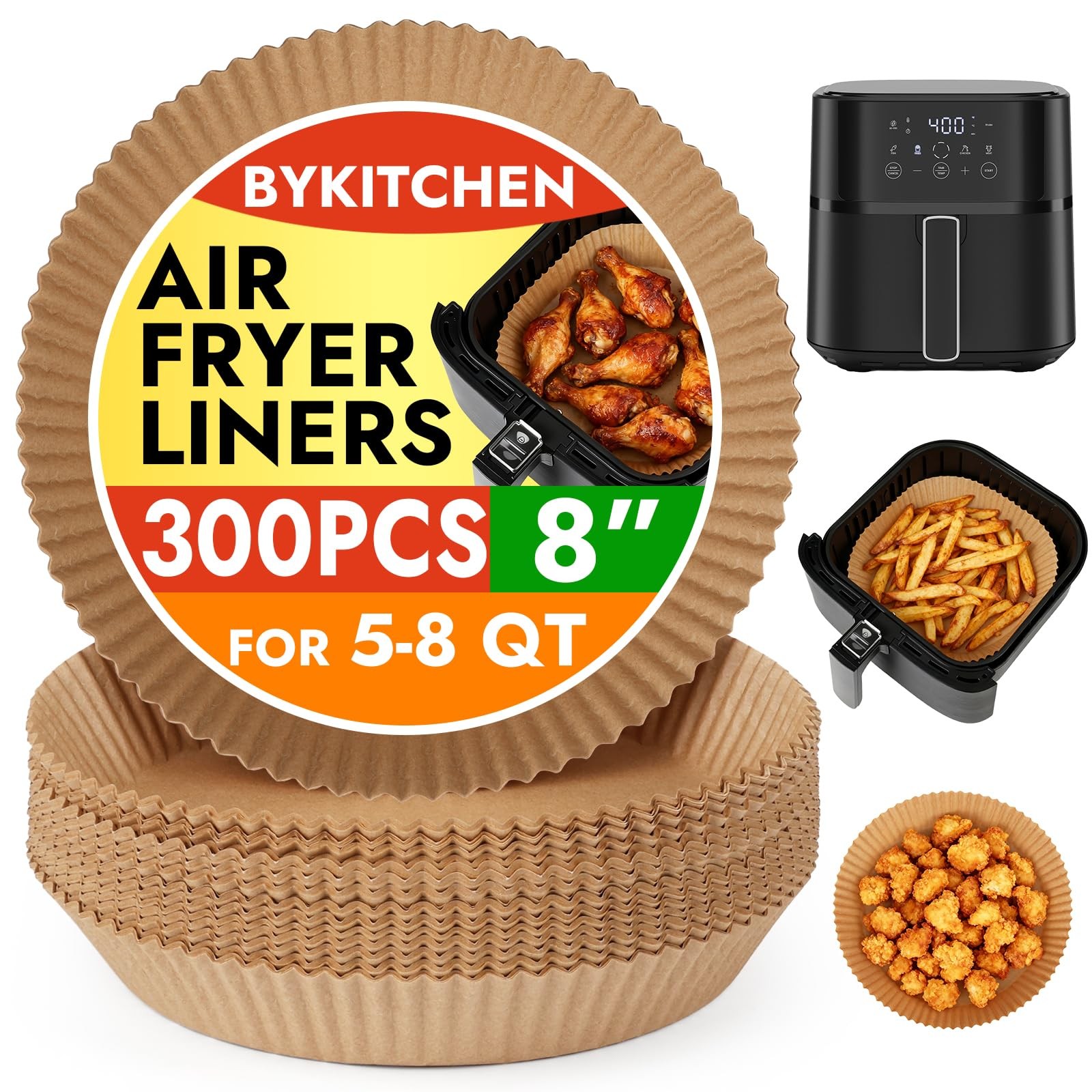 BYKITCHEN 300PCS Disposable Air Fryer Liners 8 inch for 5-8 QT-300PCS, Nature gallery