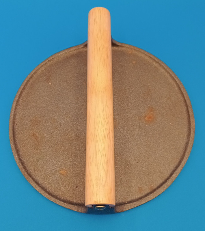 Vintage Cast Iron Bacon Grill Burger Press Heavy Duty Wood Handle gallery