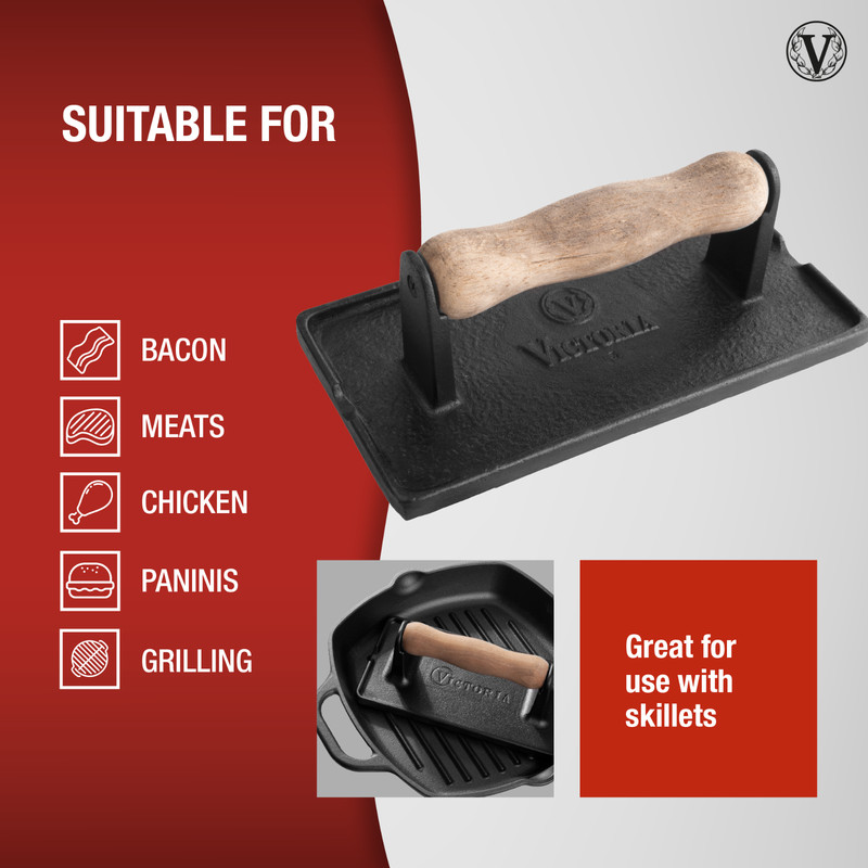Victoria Cast Iron Rectangle Panini Press, Burger Press, Bacon Press - Authentic gallery