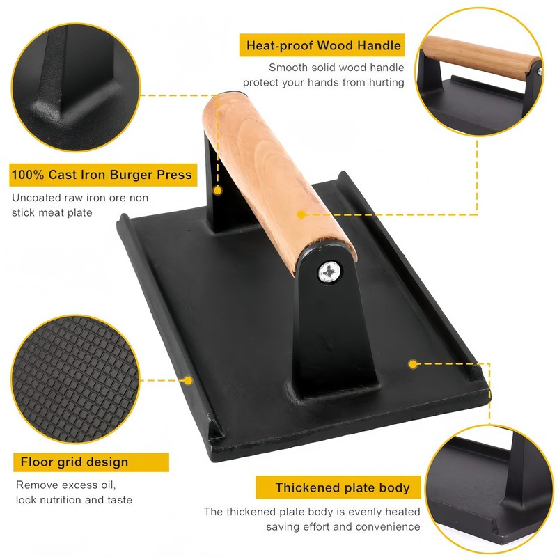 Professional Cast Iron Grill Press - Heavy Duty 2lbs Rectangle Smash Burger &... gallery