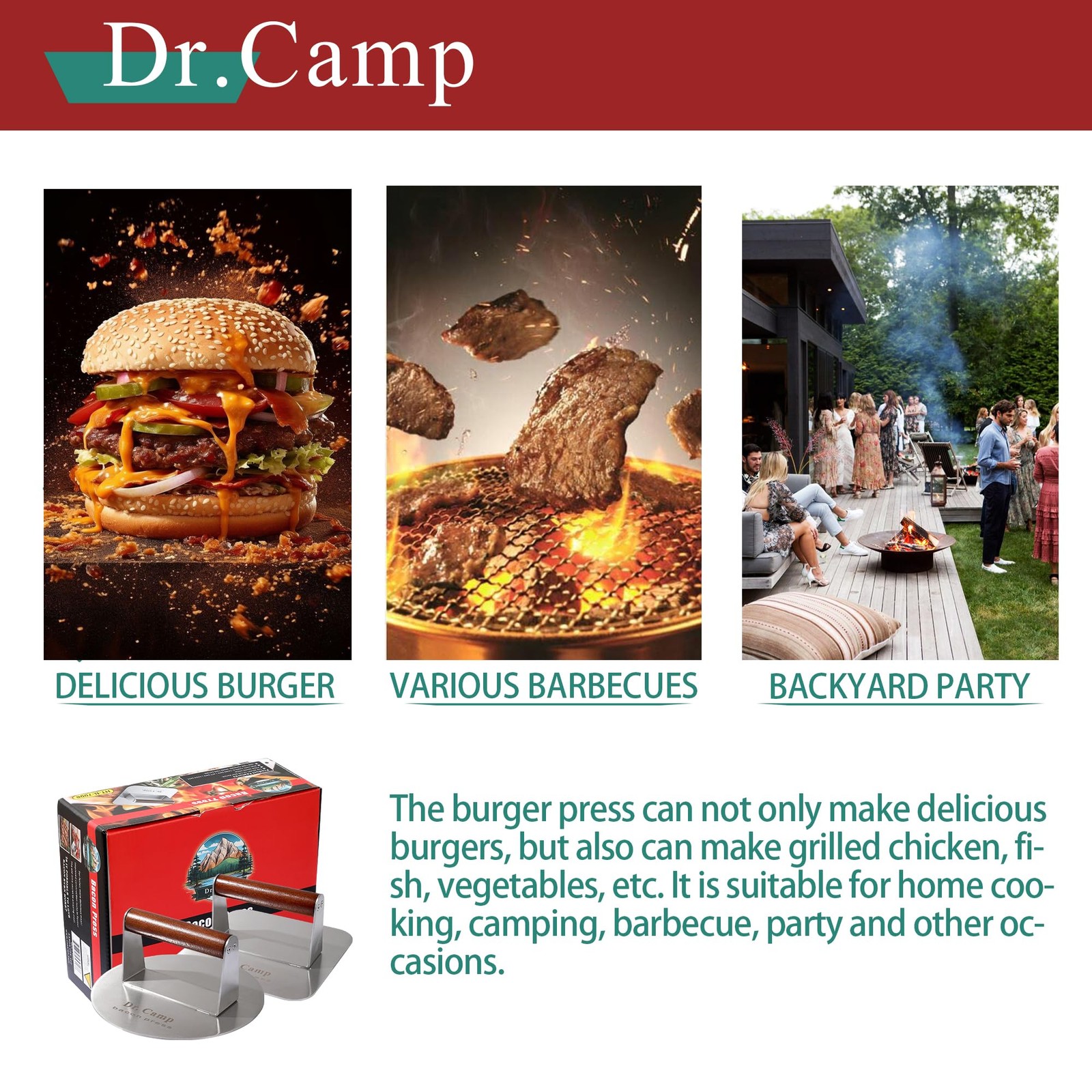 Dr.Camp 7" Stainless Steel Grill Press Set Bacon Meat Press Flat Top Smasher gallery