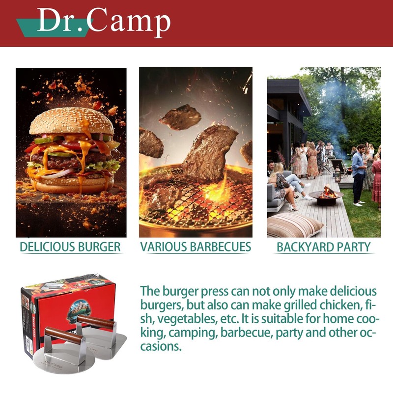 Dr.Camp 7" Stainless Steel Grill Press Set Bacon Meat Press Flat Top Smasher gallery