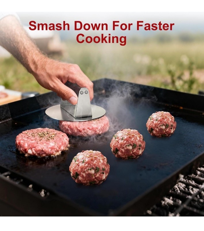 Smash Burger Press 6.3" Round Heavy Duty Stainless Steel Reinforced Wood Handle gallery
