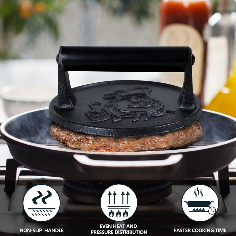 COOKWIN 6" Cast Iron Smashed Burger Press Kit, Heavy-Duty 6 inch Black gallery
