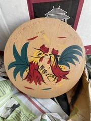 VINTAGE Wooden Hamburger Press Roosters 1950’s New! Never Used!