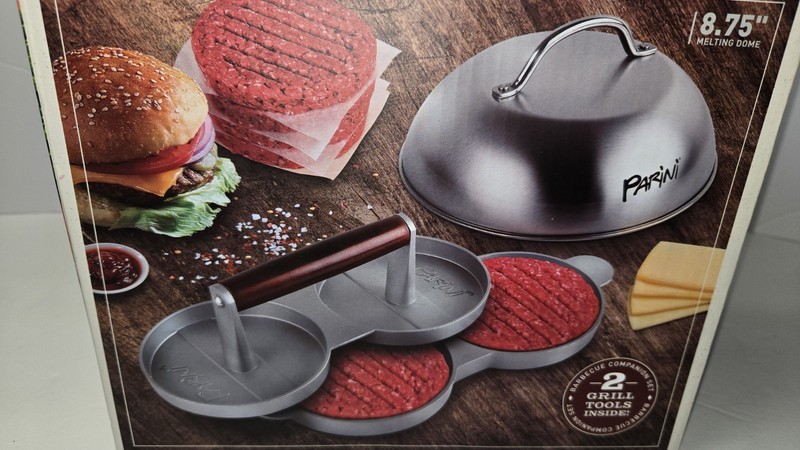 Parini Double Burger Press & Cheese Melting Dome Set Nonstick Grill BBQ Tool NEW gallery