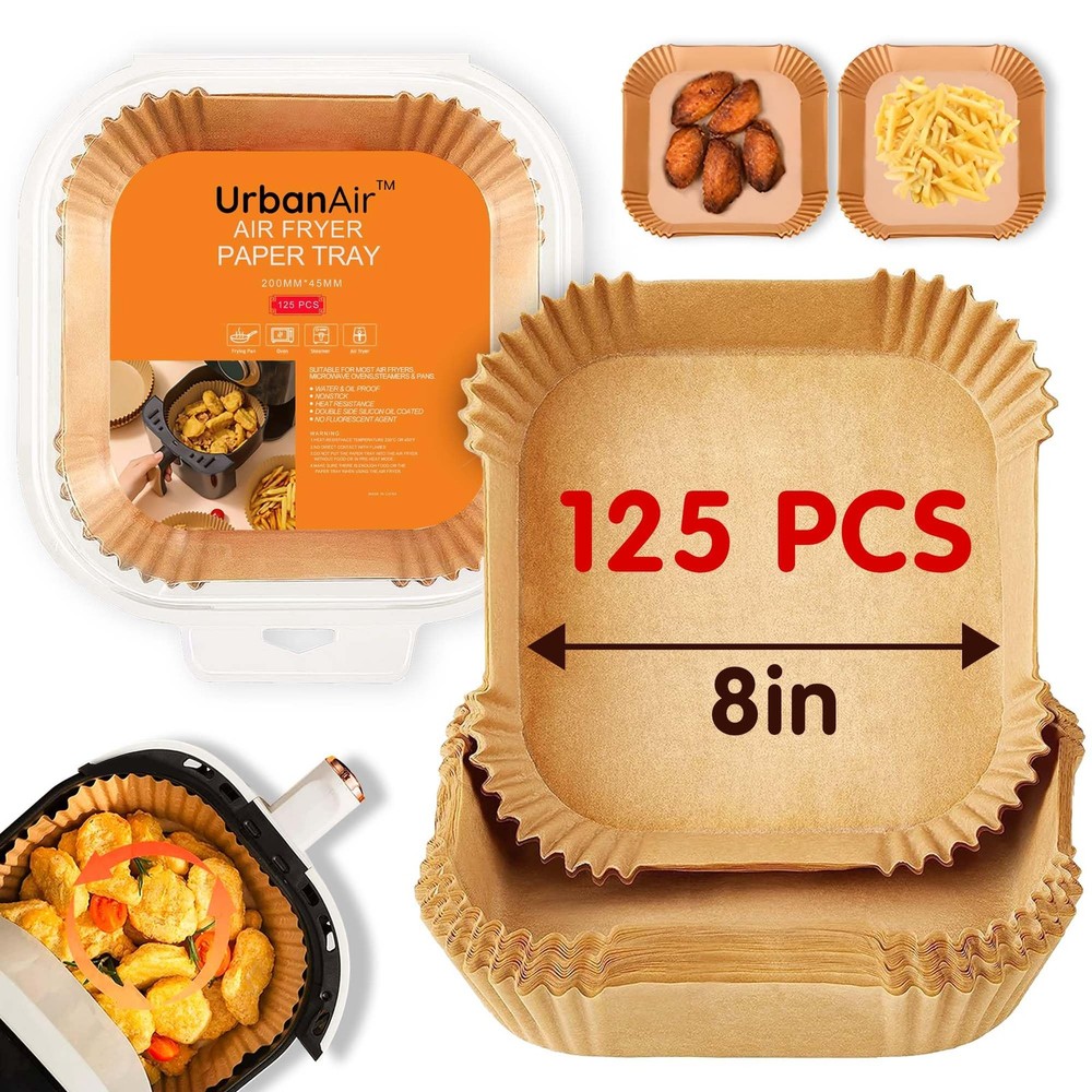 UrbanAir 8-Inch Square 125pcs Air Fryer Paper Liners, Brown