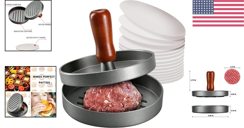 Ergonomic Burger Press Mold - 4.5" Patties with Wooden Handle and Patty Papers gallery