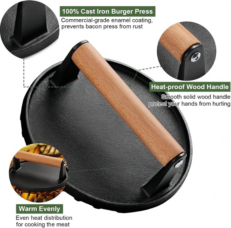 Cast Iron Grill Press 2LB 7" Round Meat Weight Smash Burger Bacon Press gallery