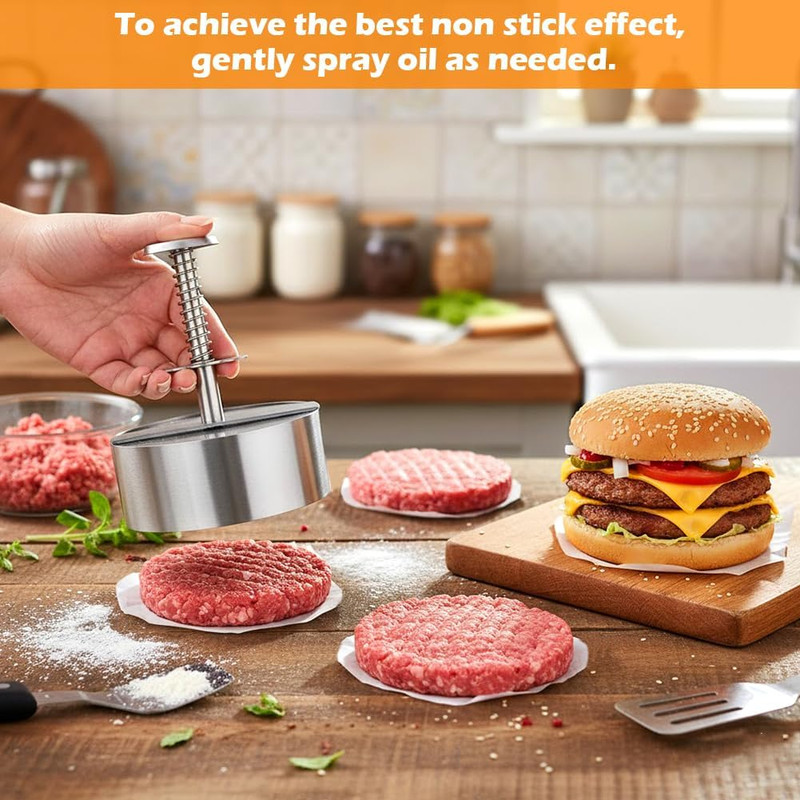 4.5" Burger Maker Press with 50 Patty Papers, 304 Stainless Steel Adjustable Non gallery