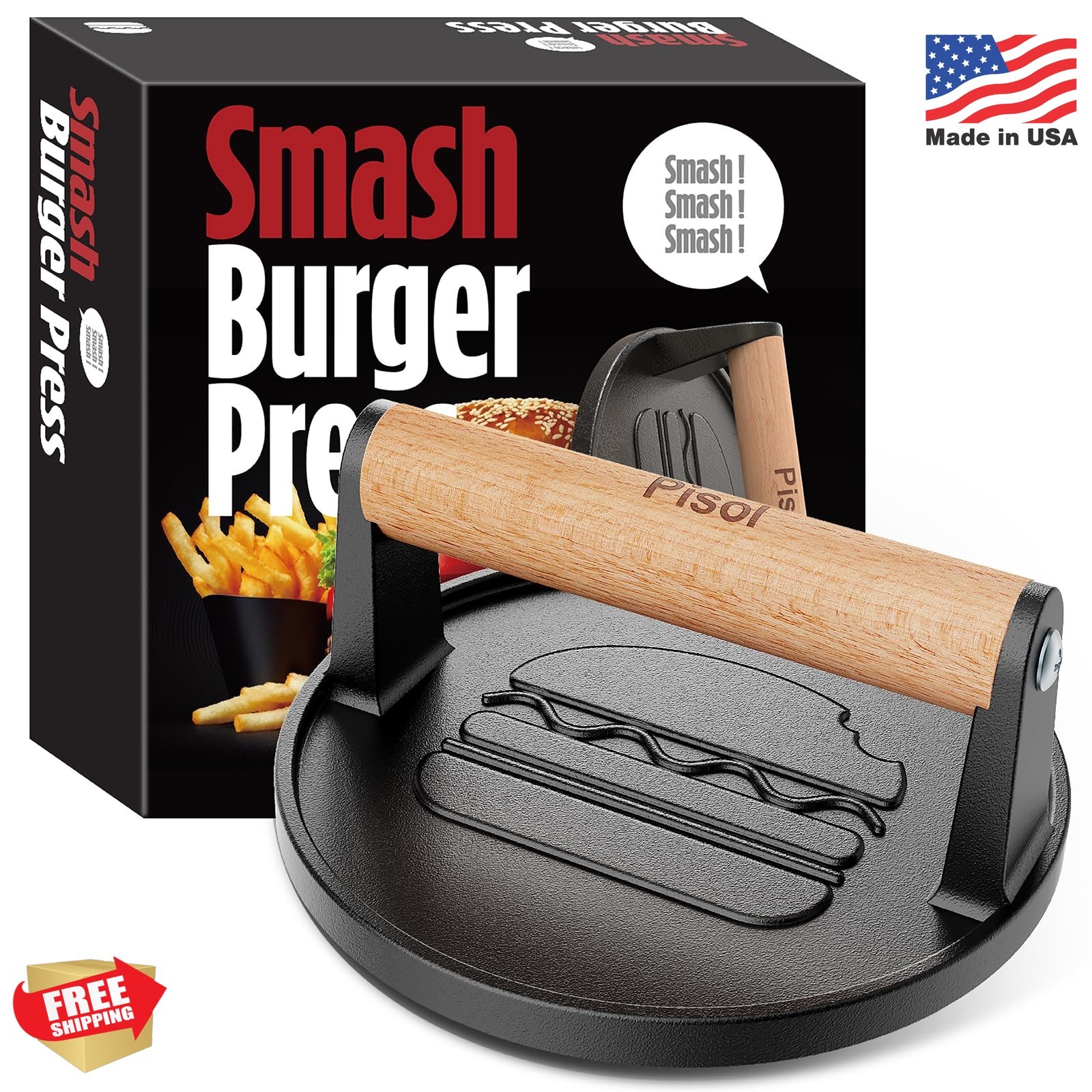 Pisol Smash Burger Press, Pre-Seasoned Cast Iron Hamburger Smasher, 2 lb Heavy-D gallery