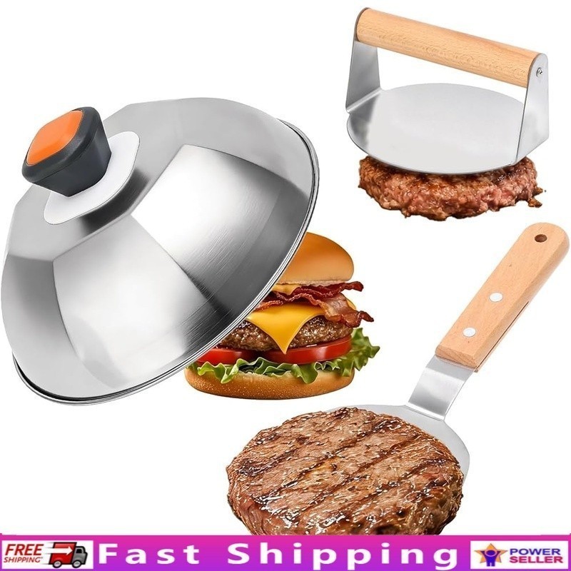 Heavy Duty Burger Press W/ Fast-Melting Dome & Versatile Grill Spatula Set New
