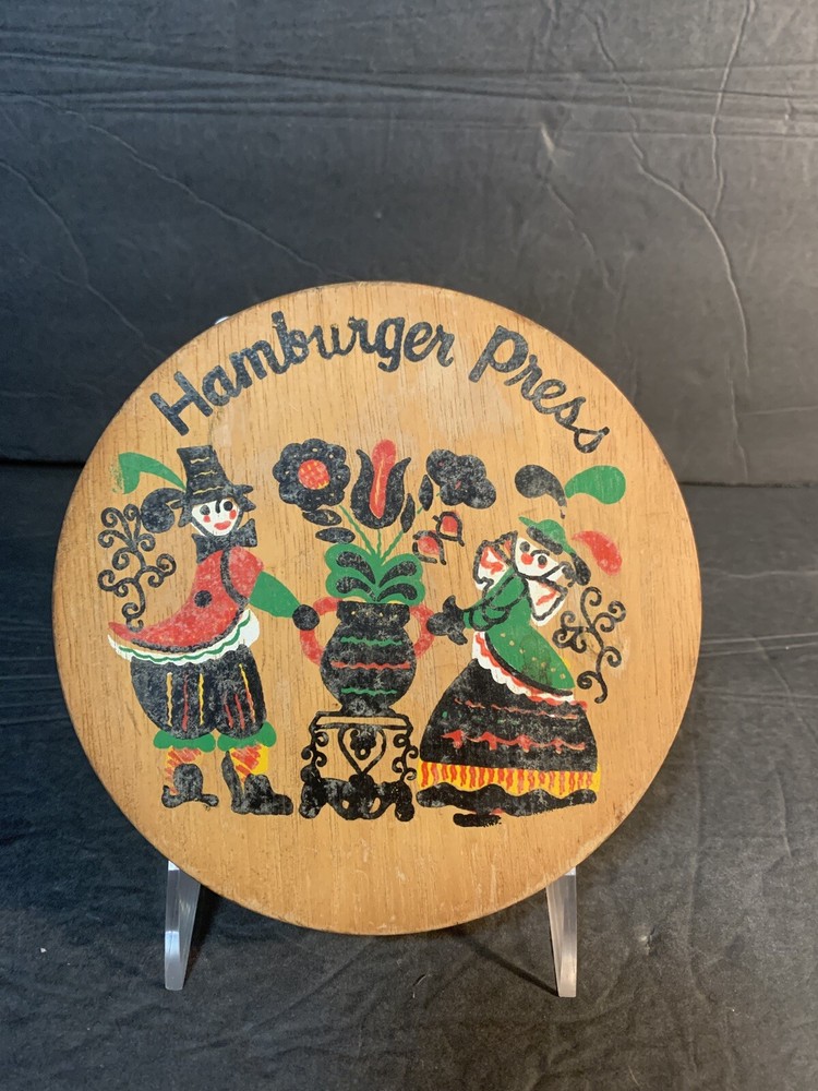 Vintage Wooden Round Hamburger Press 5 5/8" Dutch man and woman with flowers