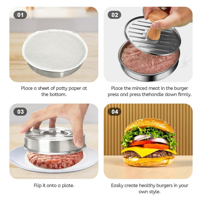 Hamburger Press Patty Maker 5 Inch Stainless Steel NonStick BBQ Tool 50PCS gallery