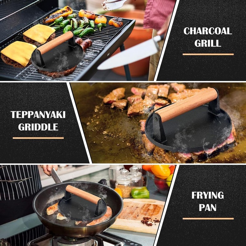 7 Inch Griddle Press Cast Iron Round Smash Grill Press Burger Smasher Bacon Meat gallery