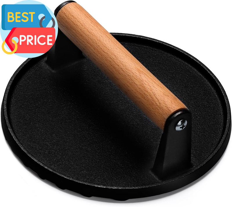 Burger Press, 7" round Heavy-Duty Cast Iron Smash Bacon Press Meat Steak with Wo gallery