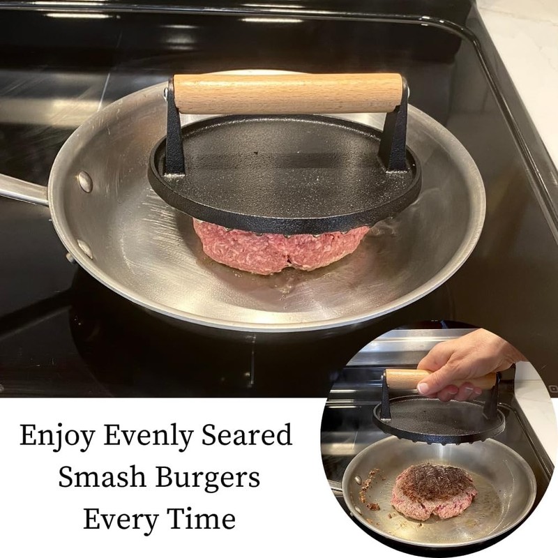 Pre-Seasoned Cast Iron Burger Smasher - Multi-Use Grill Press with Wood Handle gallery