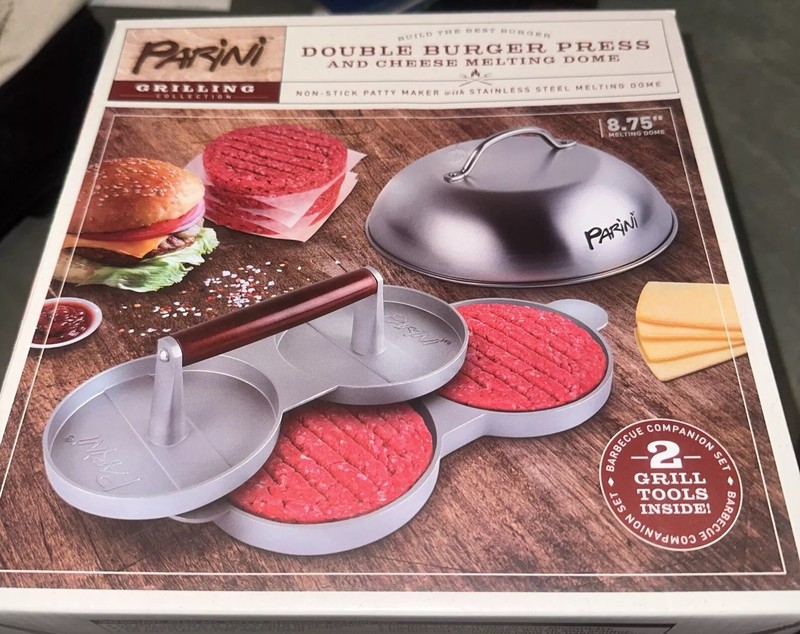 Parini Double Non-Stick Burger Press & Cheese Melting Dome 8.75" NIB. +2 Tools. gallery
