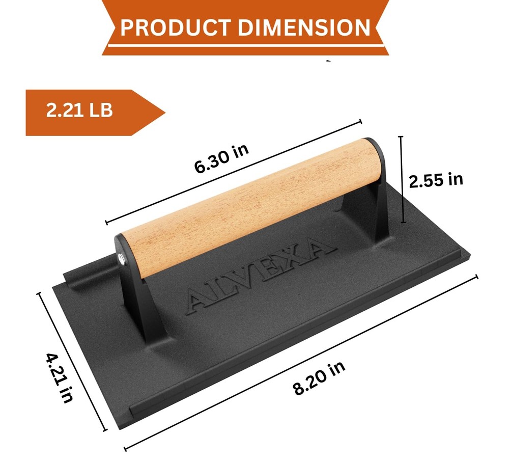 Cast Iron Burger Press 2.21lb Heavy Duty Griddle Smasher Wood Handle Kit
