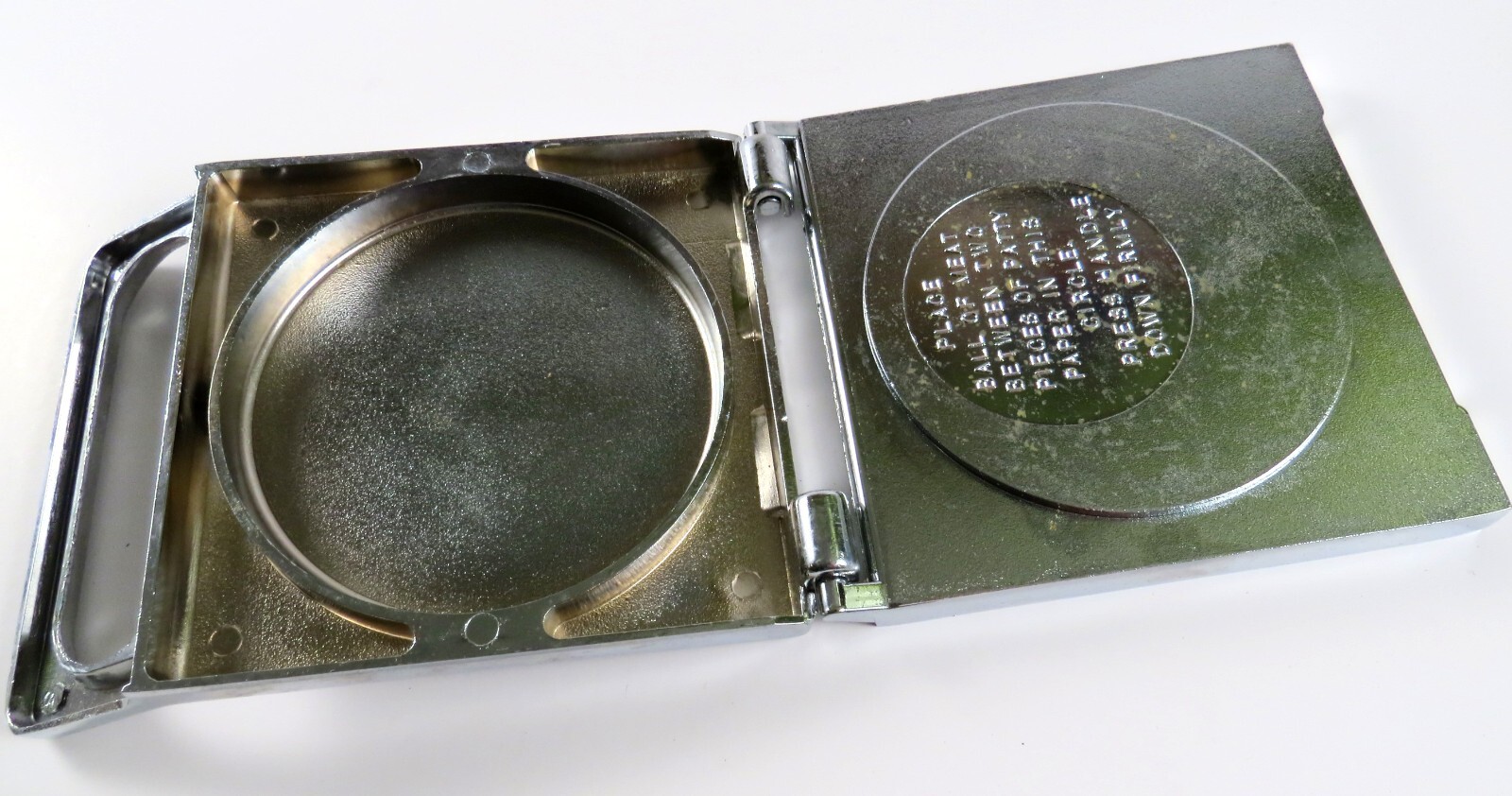 Kitchen-Quip Deluxe Vintage Chrome Plated Hamburger Press in Box - Read gallery