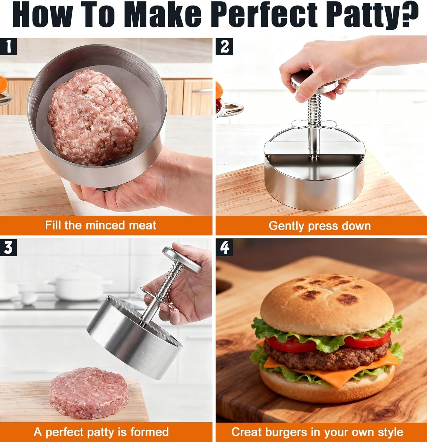 Burger Press 304 Stainless Steel, 4.5" Patty Maker with Non-Stick Mold & Spring gallery