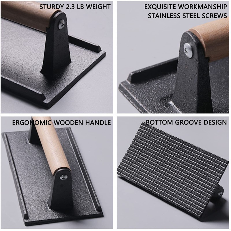 Cast Iron Grill Press Bacon Hamburger for Griddle Flat Top Teppanyaki Barbecue gallery